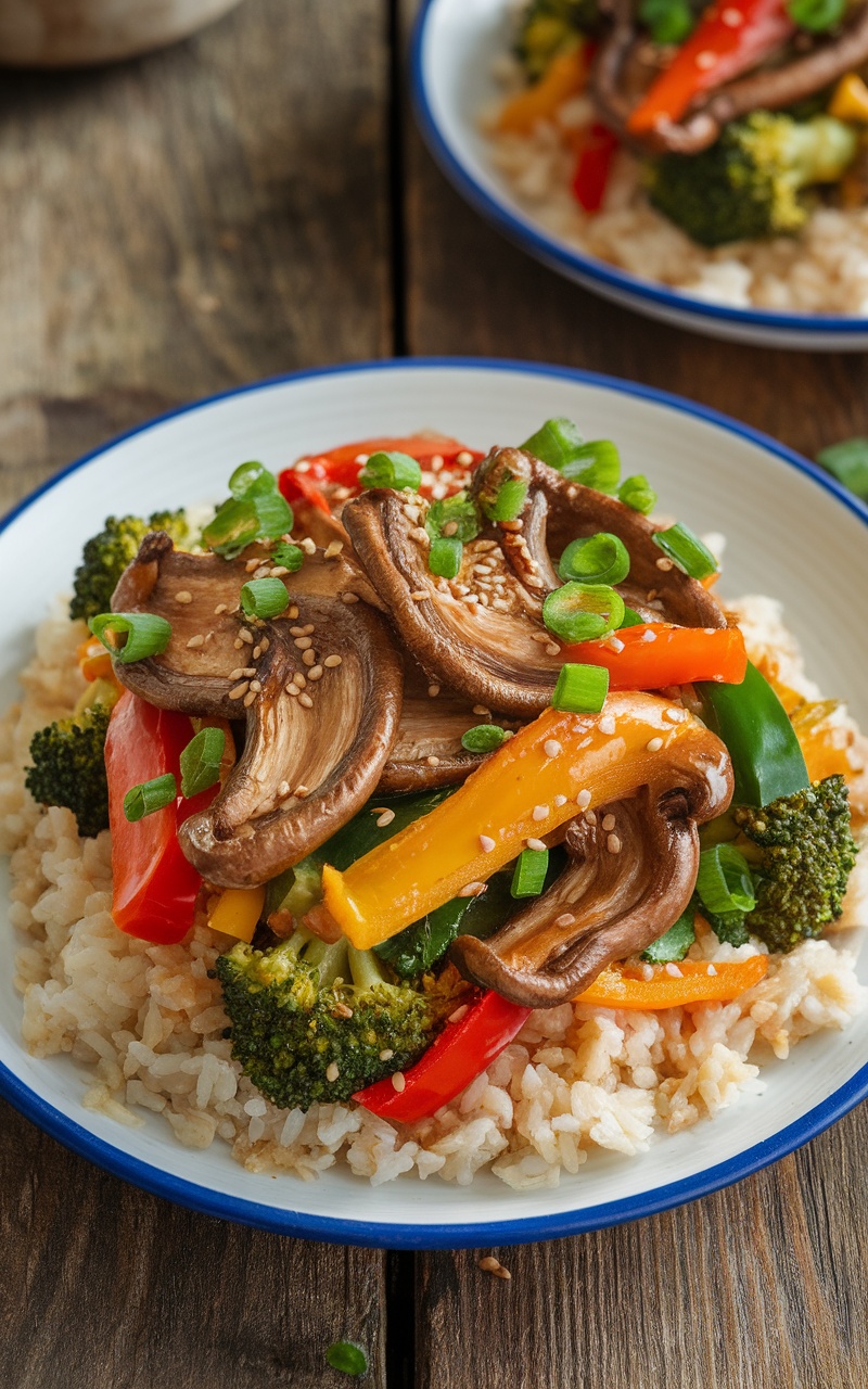 A colorful maitake mushroom stir-fry with vegetables served over rice, garnished with green onions and sesame seeds.